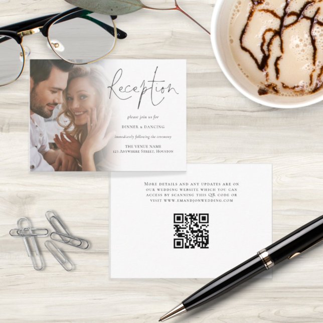 Carte D'accompagnement Script Photo QR Code Wedding Reception (Front and back view. )