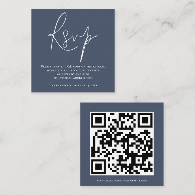 Carte D'accompagnement Script QR Code Mariage Dusty Navy Blue RSVP (Devant / Derrière)