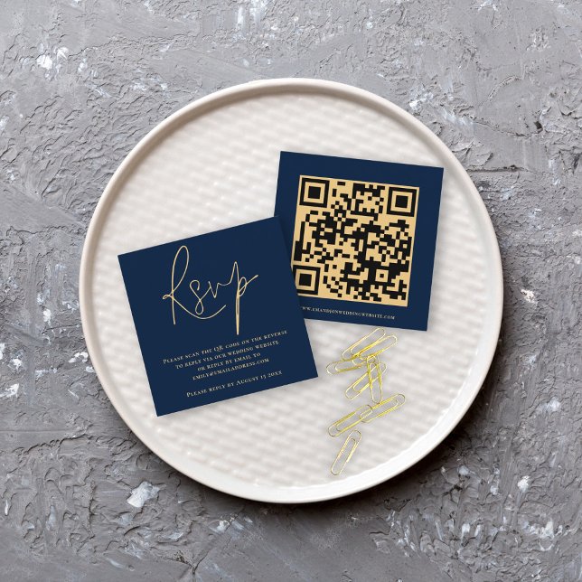 Carte D'accompagnement Script QR Code Mariage or Marine bleu RSVP (Créateur téléchargé)