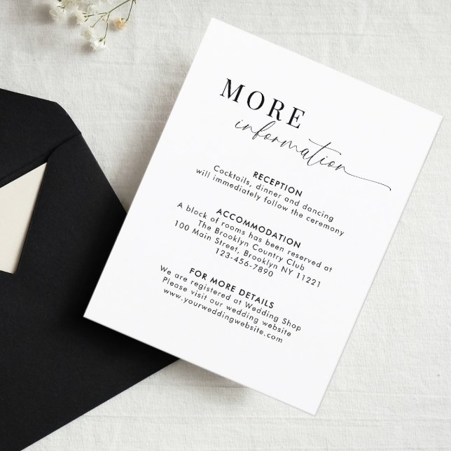 Carte D'accompagnement Script romantique noir et blanc Détails du Mariage (Créateur téléchargé)