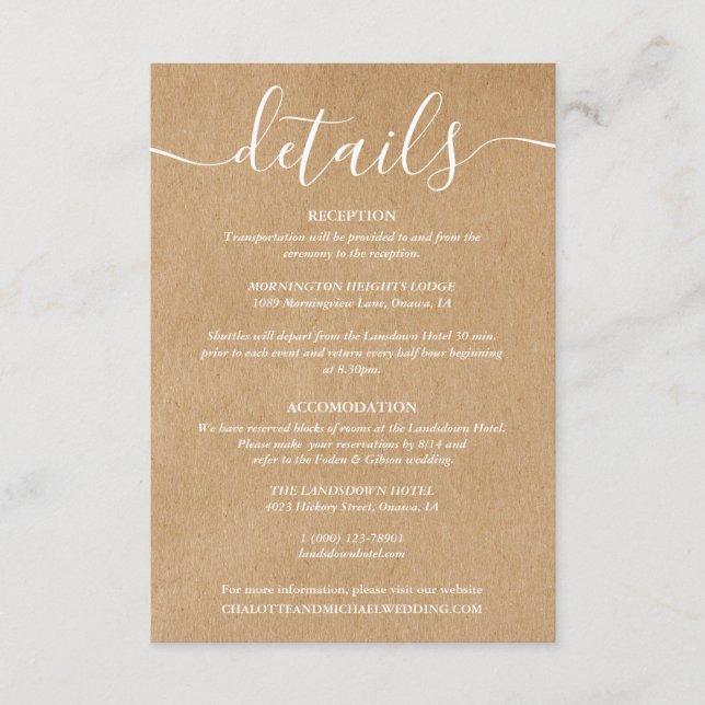Carte D'accompagnement Script Rustic Kraft Détails du Mariage Information (Devant)