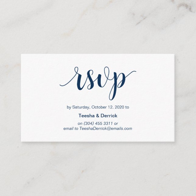 Carte D'accompagnement Script rustique, couleur bleu marine, mariage RSVP (Devant)