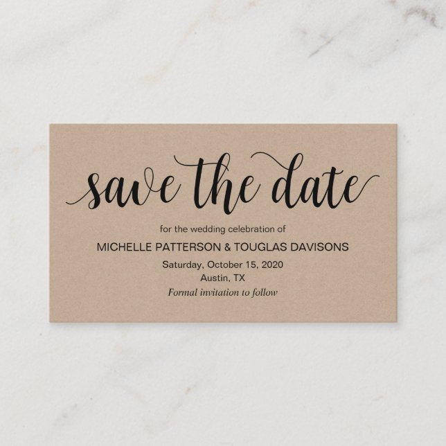 Carte D'accompagnement Script rustique, kraft, mariage Enregistrer la dat (Devant)