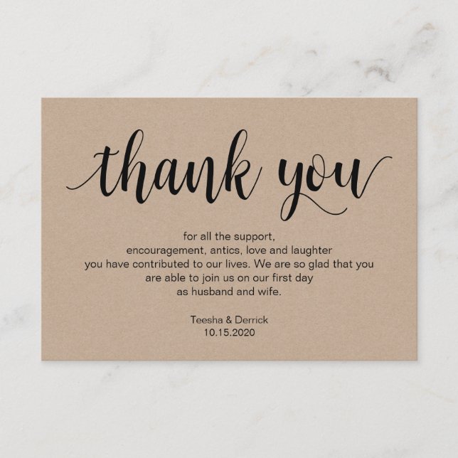 Carte D'accompagnement Script rustique, kraft, noir, Merci Mariage (Devant)