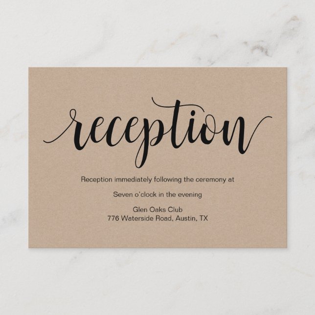 Carte D'accompagnement Script rustique, kraft noir, Réception de mariage (Devant)