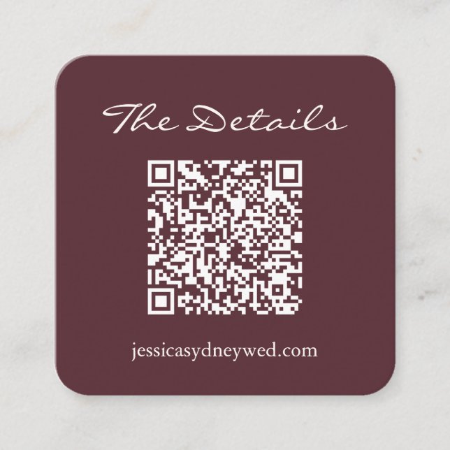Carte D'accompagnement Script Wedding RSVP Détails QR Code Bourgogne (Devant)