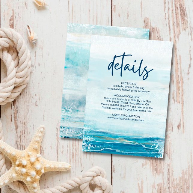 Carte D'accompagnement Sea Blue Beach Waves Coastal Détails du Mariage (Créateur téléchargé)