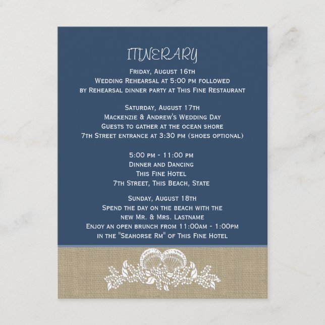 Carte D'accompagnement Sea Garland Tropical Beach Mariage Itinéraire Bleu (Devant)