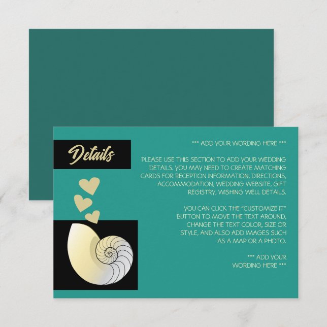 Carte D'accompagnement Seashell and Hearts, Beach Wedding Détail (Devant / Derrière)