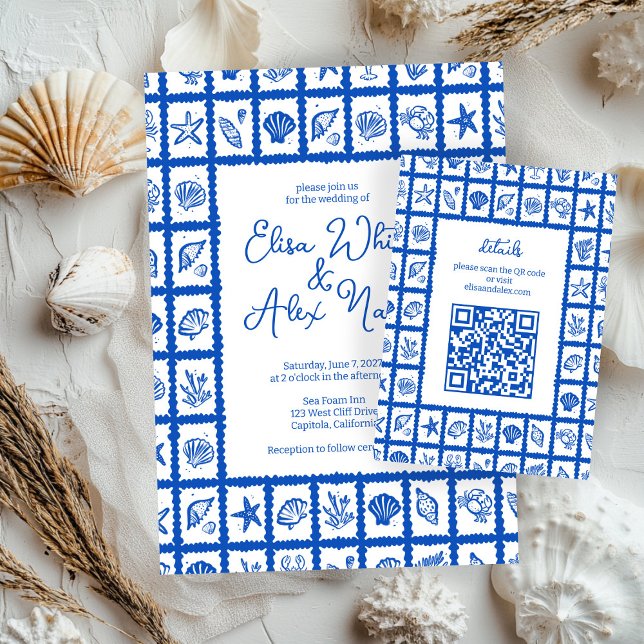 Carte D'accompagnement Seashell Grid Beach Wedding Code QR PERSONNALISÉ (Seashell Grid Beach Wedding CUSTOM QR Code Enclosure Card
)