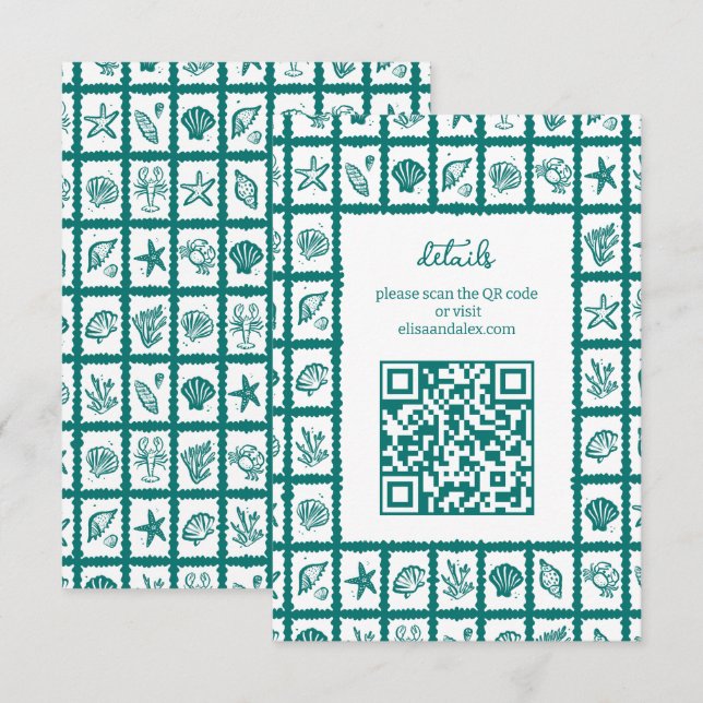 Carte D'accompagnement Seashell Grid Beach Wedding Code QR PERSONNALISÉ (Devant / Derrière)