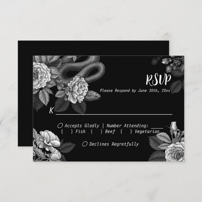 Carte D'accompagnement Serpents et roses, monochrome sur noir, RSVP Enclo (Devant / Derrière)