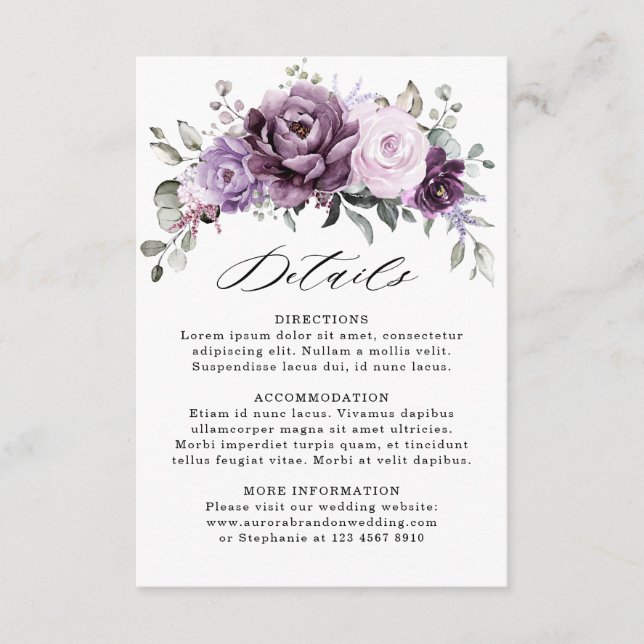 Carte D'accompagnement Shades of Dusty Purple Bloom Floral Mariage Détail (Devant)