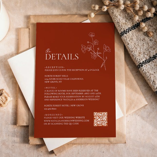 Carte D'accompagnement Sienna Terracotta Floral Qr code Mariage Détails (Créateur téléchargé)