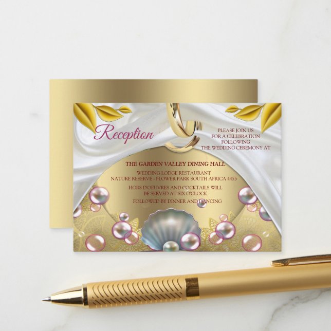 Carte D'accompagnement Silk ivoire, dentelle et perles d'or et marbre (Devant/Arrière en situation)