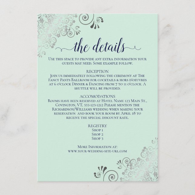 Carte D'accompagnement Silver Frills Mint Green & Navy Détails du Mariage (Devant)