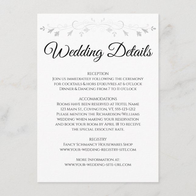 Carte D'accompagnement Silver Grey Flourish Élégant Détails de mariage (Devant)