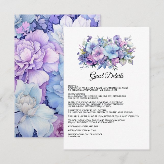 Carte D'accompagnement Silver, Icy Blue et Lilac Mariage Détails (Devant / Derrière)