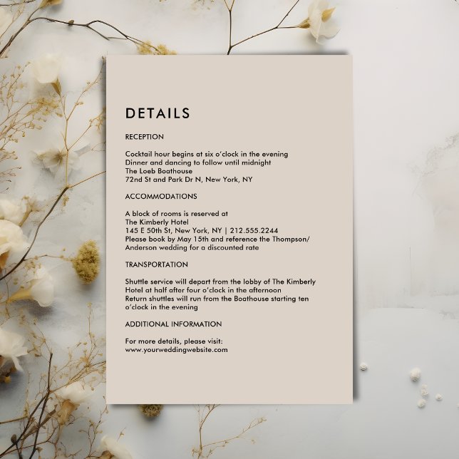 Carte D'accompagnement Simple Beige Wedding Details  (Simple Beige Wedding Details Enclosure Card)
