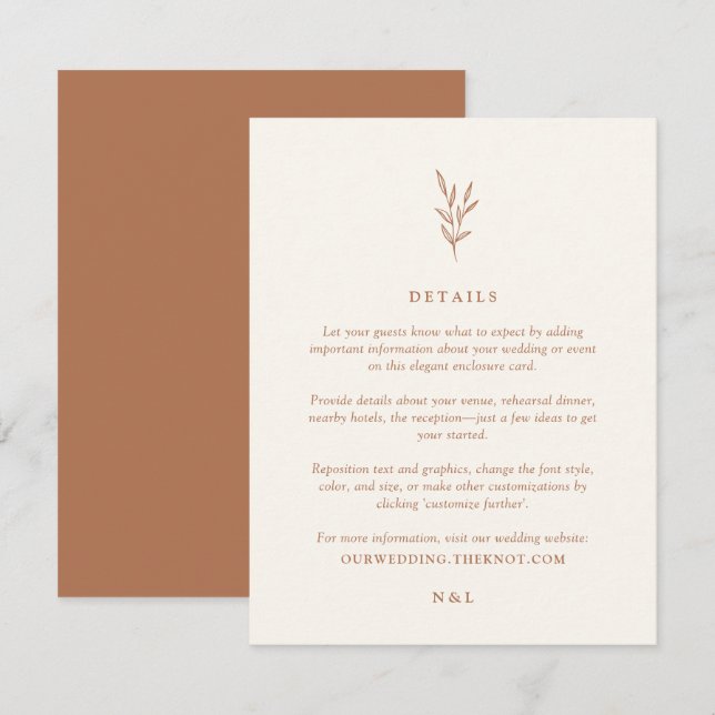 Carte D'accompagnement Simple Botanique Burnt Orange Détails Mariage Encl (Devant / Derrière)