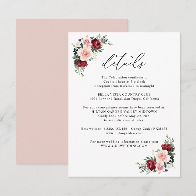 Carte D'accompagnement Simple Burgundy Blush Floral Détails du Mariage (Devant / Derrière)