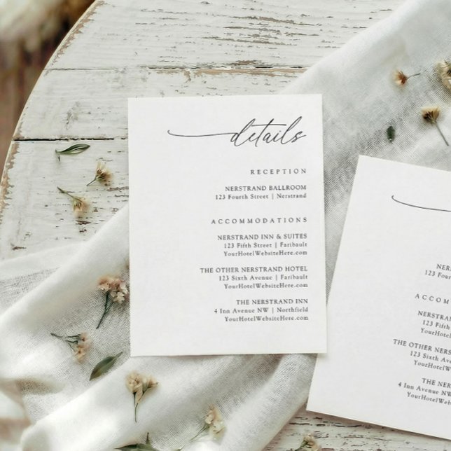 Carte D'accompagnement Simple Elegant Handwriting Wedding Details (modern wedding details card minimalist elegant script reception and hotel accommodations info)
