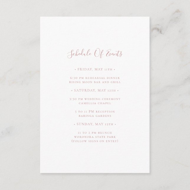 Carte D'accompagnement Simple Elegant Rose Gold Horaire des événements (Devant)