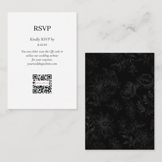 Carte D'accompagnement Simple élégante noire florale RSVP QR Code Option (Devant / Derrière)