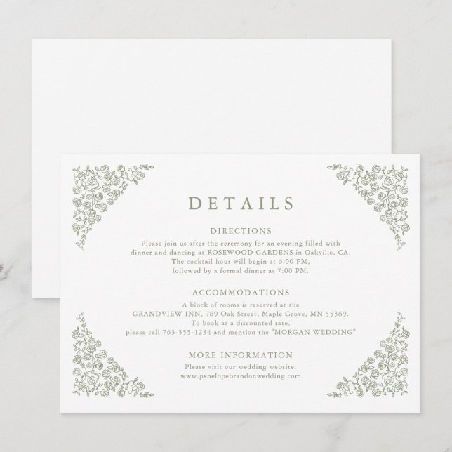 Carte D'accompagnement Simple Floral Timeless Sage Green Détails du Maria (Devant / Derrière)