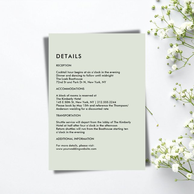 Carte D'accompagnement Simple Light Sage Green Wedding Details  (Simple Light Sage Green Wedding Details Enclosure Card)