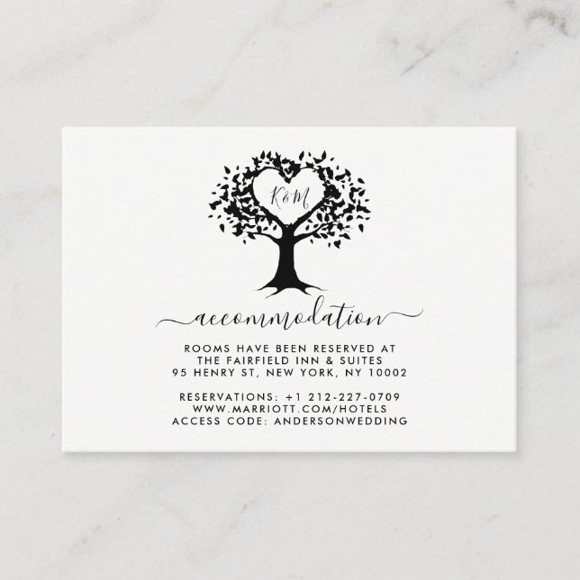 Carte D'accompagnement Simple Monogramme Coeur Arbre Mariage Noir & Blanc (Devant)