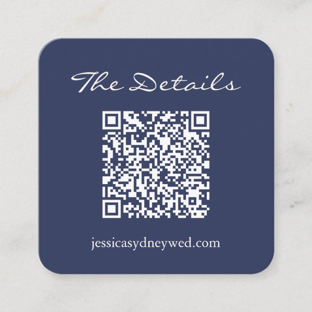Carte D'accompagnement Simple Navy Blue Script Mariage Détails QR Code (Devant)