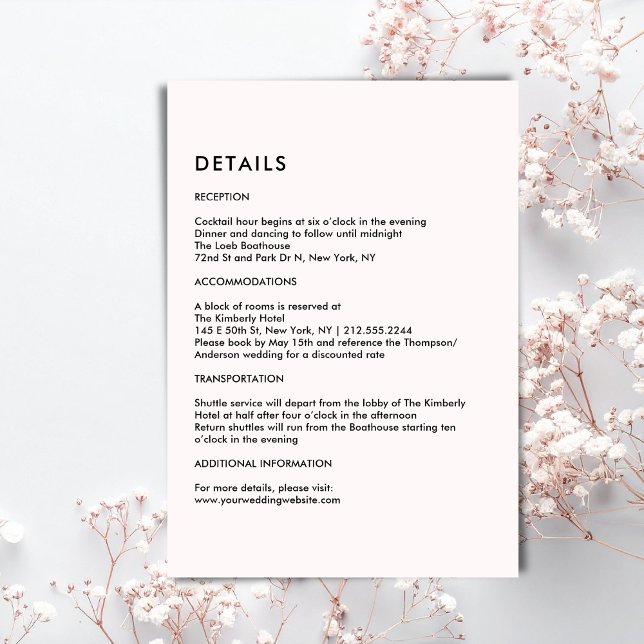 Carte D'accompagnement Simple Pale Pink Wedding Details  (Simple Pale Pink Wedding Details Enclosure Card)