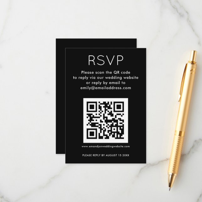 Carte D'accompagnement Simple QR Code Blanc Noir Mariage RSVP (Devant/Arrière en situation)