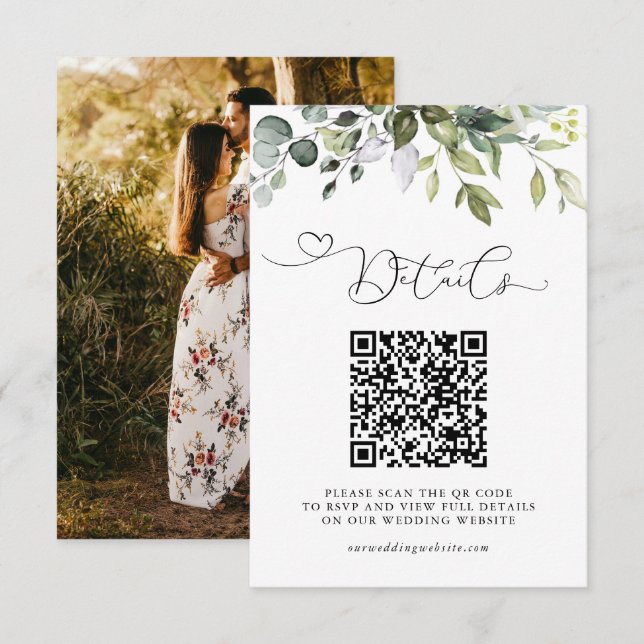 Carte D'accompagnement Simple QR Code et photo de mariage avec verdure d' (Devant / Derrière)