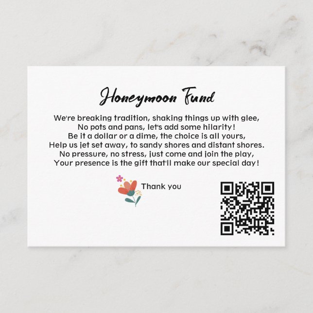 Carte D'accompagnement Simple QR Code Honeymoon Fund Demander un Mariage (Devant)