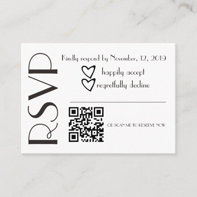 Carte D'accompagnement Simple RSVP Black White Heart Wedding QR Code (Devant)