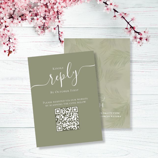 Carte D'accompagnement Simple RSVP QR Code Mariage Site Web Palm Feuilles (Elegant wedding RSVP enclosure card with QR Code )