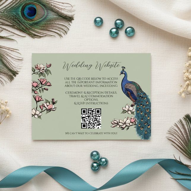 Carte D'accompagnement Simple Sage Green Bird Website QR Code (Elegant Floral Peacock QR Code Wedding Enclosure Card in Sage Green. Blue & Teal Peacock & Flowers)