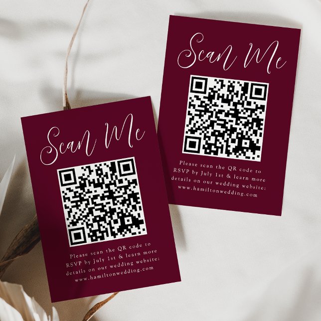 Carte D'accompagnement Simple Script Bourgogne Code QR RSVP Mariage (Créateur téléchargé)