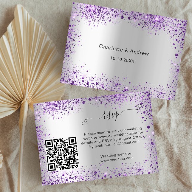 Carte D'accompagnement Site de réponse mariage violet argenté QR RSVP (Créateur téléchargé)