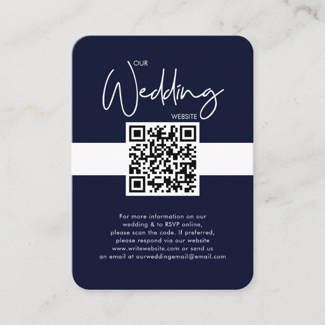 Carte D'accompagnement Site Mariage bleu marine QR Code Photo RSVP (Devant)