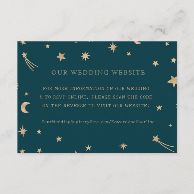 Carte D'accompagnement Site Mariage de Navy Moon Gold Stars | Cod QR RSVP (Devant)