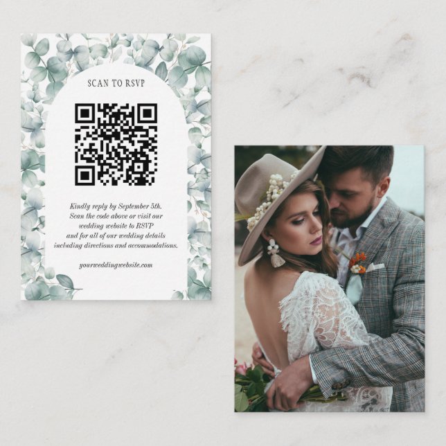 Carte D'accompagnement Site Mariage Eucalyptus Budget RSVP QR Code (Devant / Derrière)