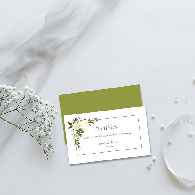 Carte D'accompagnement Site Mariage Floral de Roses Blanches | Vert olive (Créateur téléchargé)