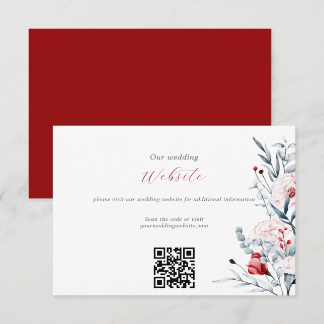 Carte D'accompagnement Site Mariage Floral Rouge et Bleu Code QR (Devant / Derrière)