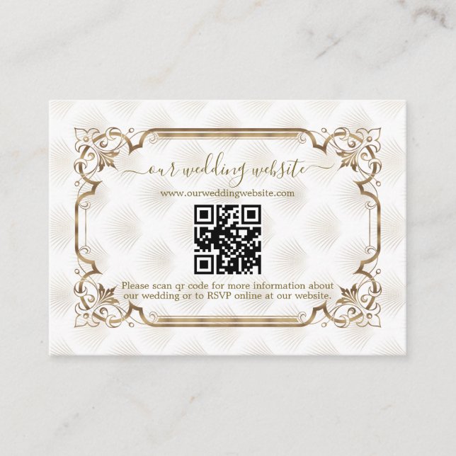 Carte D'accompagnement Site Mariage moderne QR Gold White Art Deco (Devant)