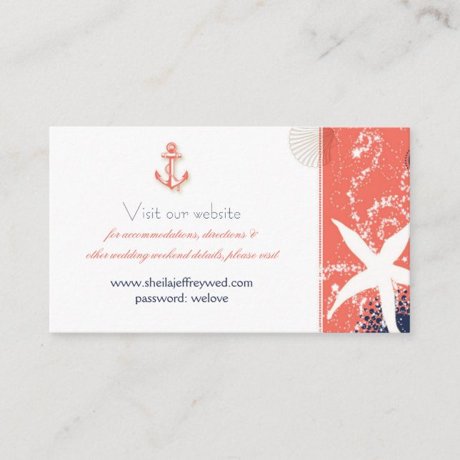 Carte D'accompagnement Site Mariage nautique bleu Coral & Navy (Devant)