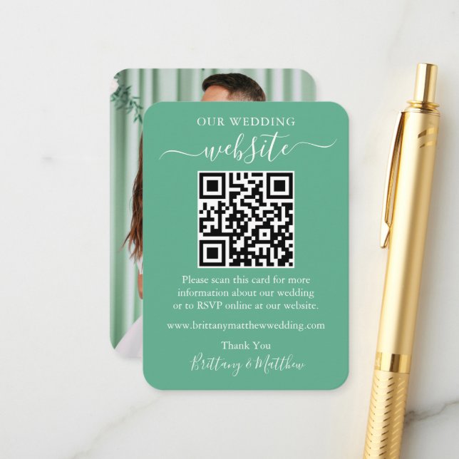 Carte D'accompagnement Site mariage Photo QR Neo Mint Green (Devant/Arrière en situation)