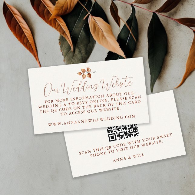 Carte D'accompagnement Site mariage QR Code Fall Leaves Mariage (Wedding Website QR Code Fall Autumn Leaves Terracotta Burnt Orange Modern Calligraphy Sophisticated)